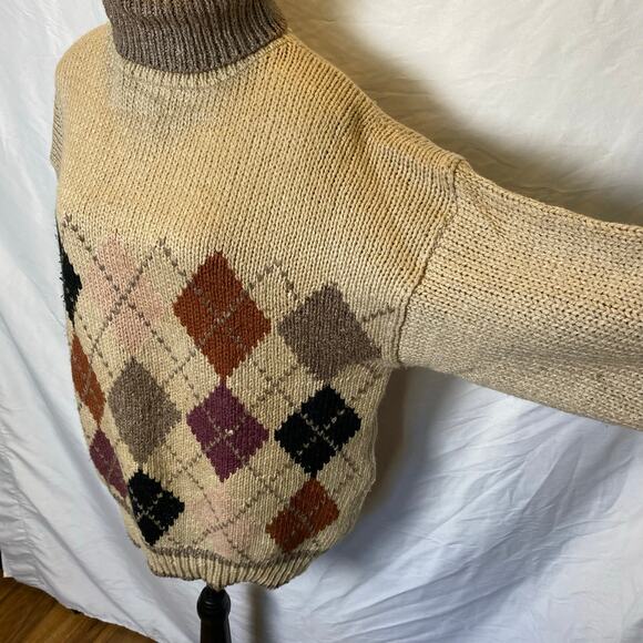 Vintage Midnight Blues Women's Argyle Turtleneck Sweater Large Knitted by Hand - Picture 3 of 10